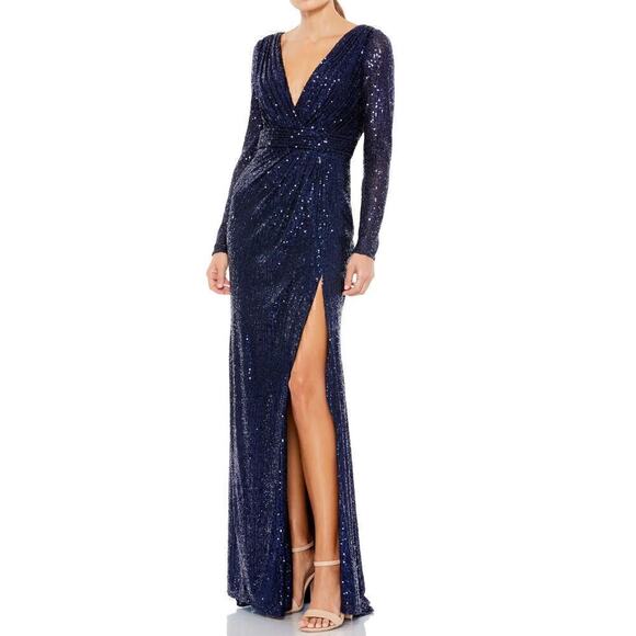 Ieena for Mac Duggal 2649- Dress Sequined Long Sleeve Gown  Midnight Blue NWT 6 - Picture 1 of 10
